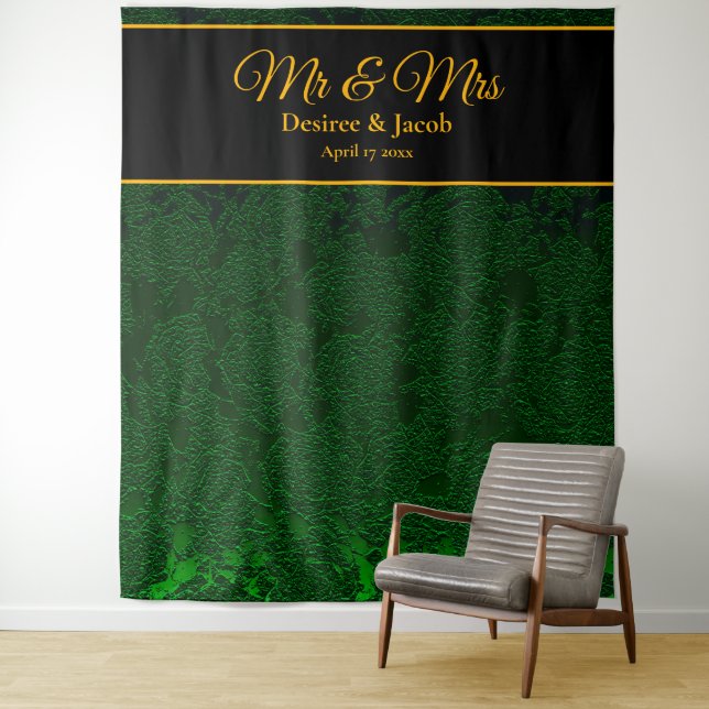 Hunter Green Gold Black Floral Wedding Backdrop Tapestry (In Situ)