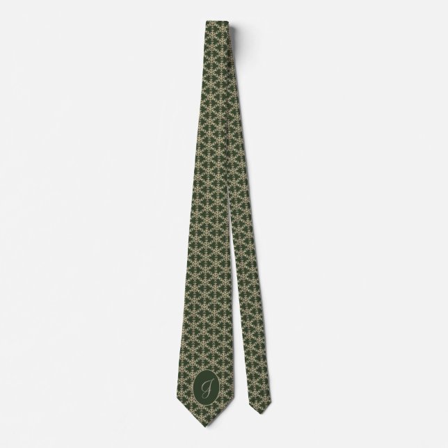 Hunter Green Gold Snowflakes Pattern Monogrammed Tie (Front)