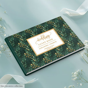 Hunter green gold wedding guest book with leaves