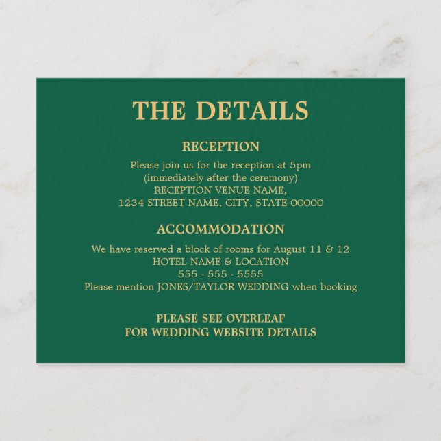 Hunter Green Golden Beige Wedding QR Code Details Enclosure Card (Front)