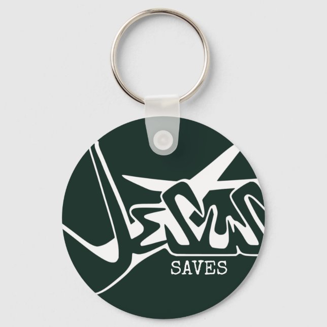 Hunter Green Graffiti Jesus Saves Keychain (Front)