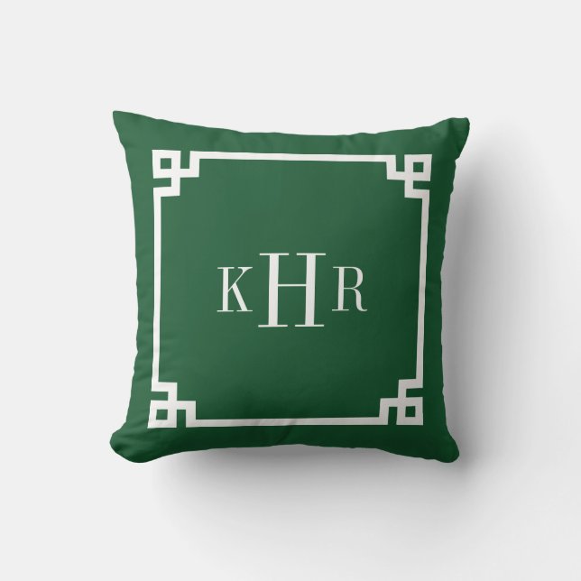 Hunter Green Greek Key Border Custom Monogram Throw Pillow (Front)