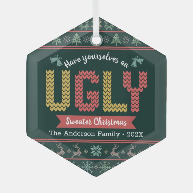 Hunter Green Knit Ugly Sweater Nordic Christmas  Glass Ornament (Front)