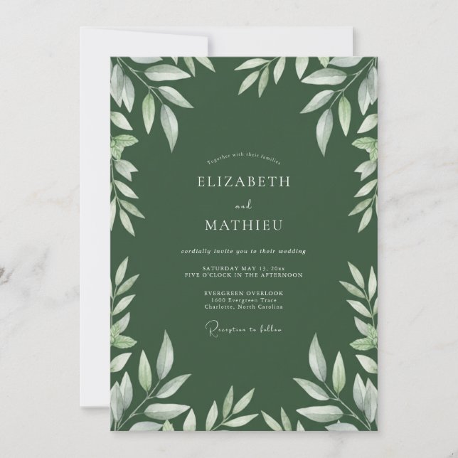 Hunter Green Leaf Wedding Invitation (Front)