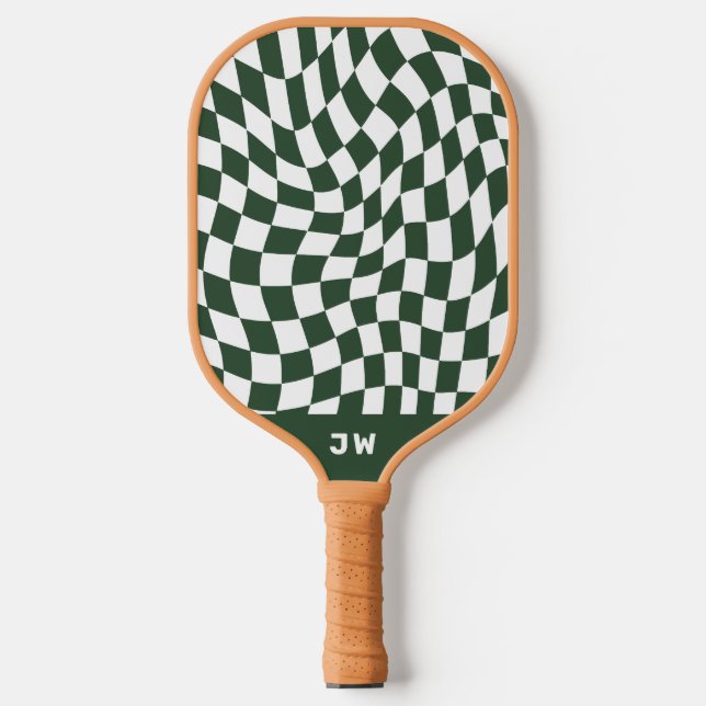 Hunter Green Monogram Vintage Wavy Chequered Pickleball Paddle (Front)