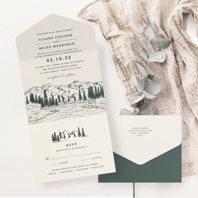 Hunter Green | Mountain Sketch Wedding All In One Invitation (Creator Uploaded)
