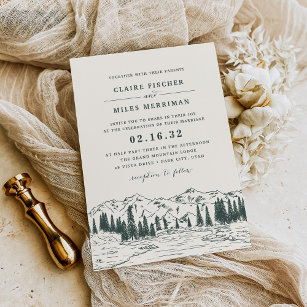 Hunter Green   Mountain Sketch Wedding Invitation