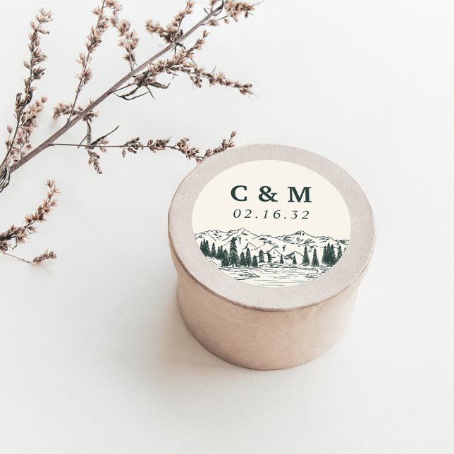 Hunter Green | Mountain Sketch Wedding Monogram Classic Round Sticker (Creator Uploaded)