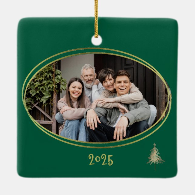 Hunter Green Pink & Gold Christmas Trees  Ceramic Ornament (Back)