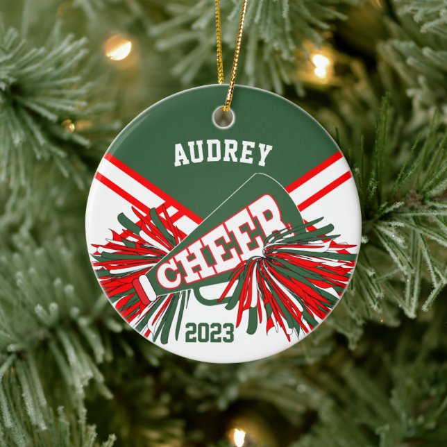 Hunter Green, Red, White - Cheerleader 📣💖 Ceramic Ornament (Tree)