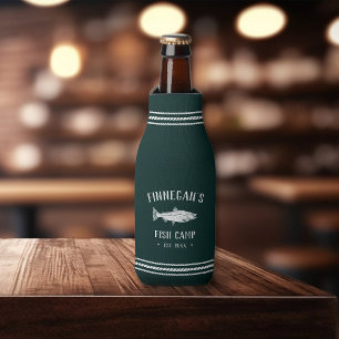 Hunter Green Rustic Fishing Cabin Personalized Bottle Cooler