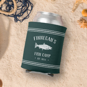 Hunter Green Rustic Fishing Cabin Personalized Can Cooler