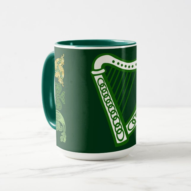Hunter Green Saint Patrick's Day Irish Harp Celtic Mug (Front Left)