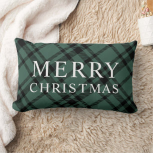 Hunter Green Scottish Tartan Plaid Merry Christmas Lumbar Pillow