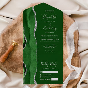 Hunter Green Silver Agate Wedding All In One Invitation