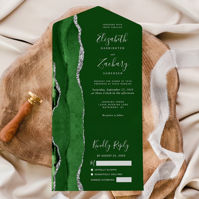 Hunter Green Silver Agate Wedding All In One Invitation (Creator Uploaded)