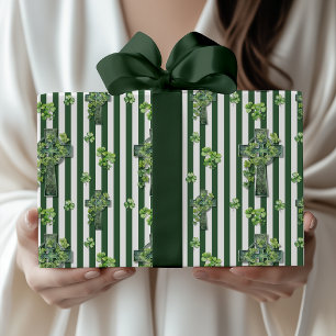 Hunter Green Striped Clover Cross St. Patrick Day Wrapping Paper