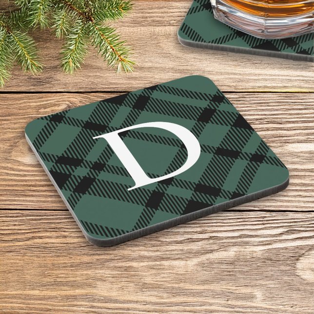 Hunter Green Tartan Plaid Custom Monogram Initial Coaster (Creator Uploaded)