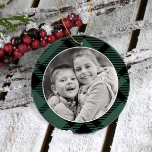 Hunter Green Tartan Plaid Merry Christmas Photo Ornament