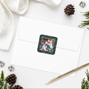 Hunter Green Tartan Plaid Merry Christmas Photo Square Sticker