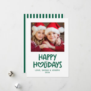 Hunter Green Whimsical Heart Family Photo Happy Holiday Card