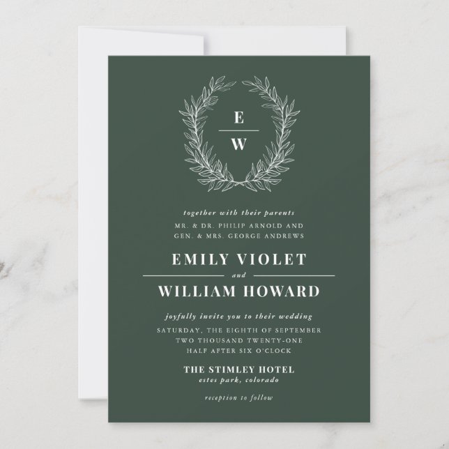 Hunter Green Wreath Monogram Wedding Invitation (Front)