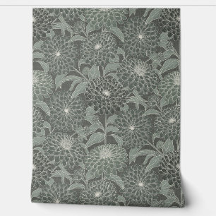 Hunter Green Zinnia Blooms Hand Drawn Line Art Wallpaper