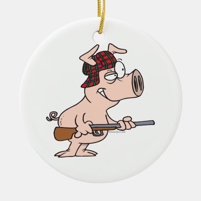 hunter hunting pig cartoon ceramic ornament (Front)