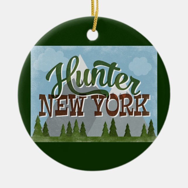 Hunter New York Fun Retro Snowy Mountains Ceramic Ornament (Front)