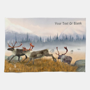 Hunters In The Mist (Caribou) Kitchen Towel