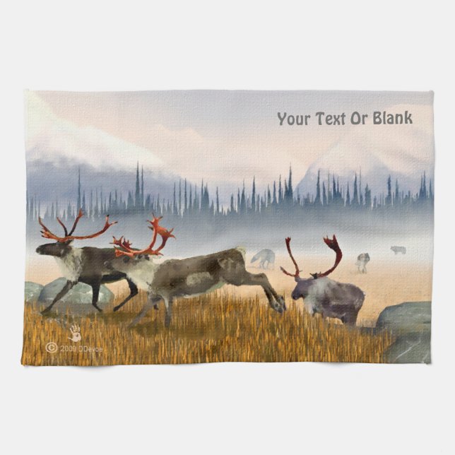 Hunters In The Mist (Caribou) Kitchen Towel (Horizontal)