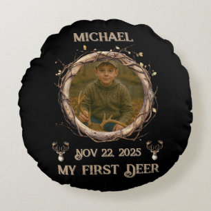 Hunter's "My First Deer" with Name, Date & Photo Round Pillow