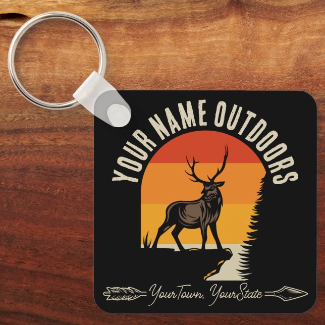 Hunting ADD NAME Outdoors Deer Elk Wilderness Camp Keychain (Front)