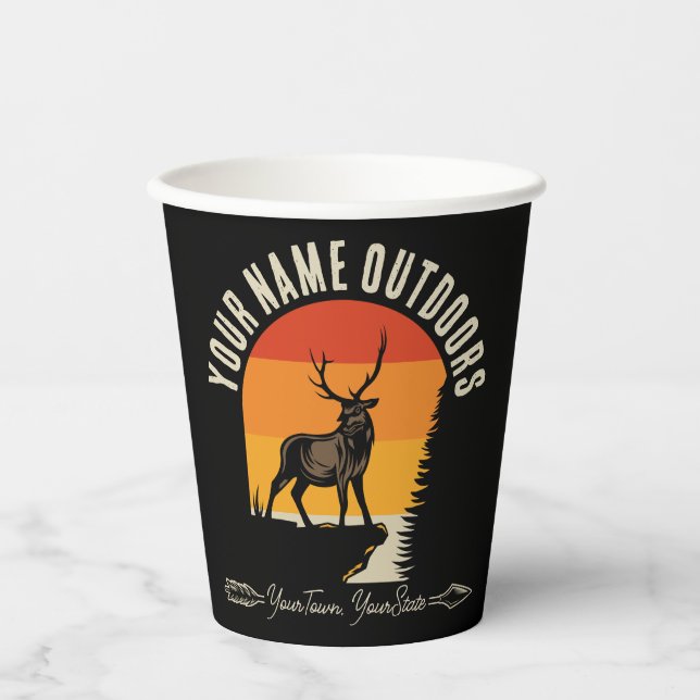 Hunting ADD NAME Outdoors Deer Elk Wilderness Camp Paper Cups (Front)