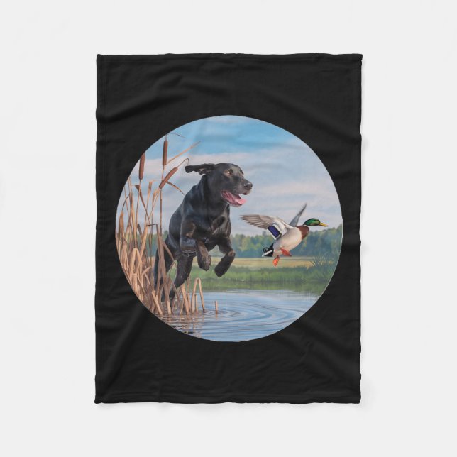 Hunting Black Labrador Lab Dog Hunting Ducks. Bird Fleece Blanket (Front)