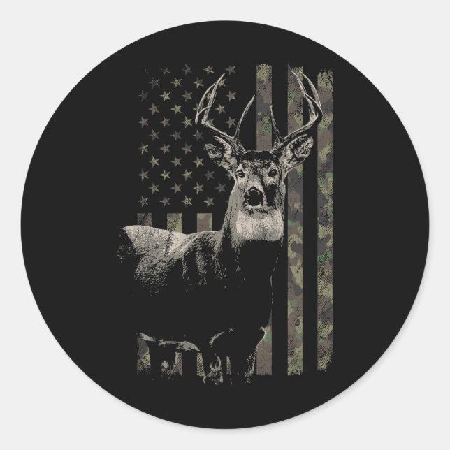 Hunting Camo American Flag Deer  Classic Round Sticker (Front)