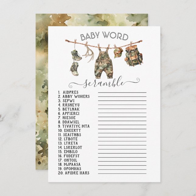 Hunting Camo Clothesline Baby Word Scramble Invitation (Front/Back)