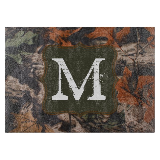 Hunting Camo Hunters Monogram Glass Cutting Board (Front)