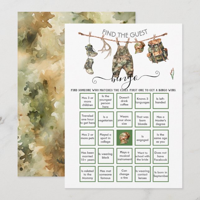 Hunting Camo little hunter Find the Guest BINGO  Invitation (Front/Back)