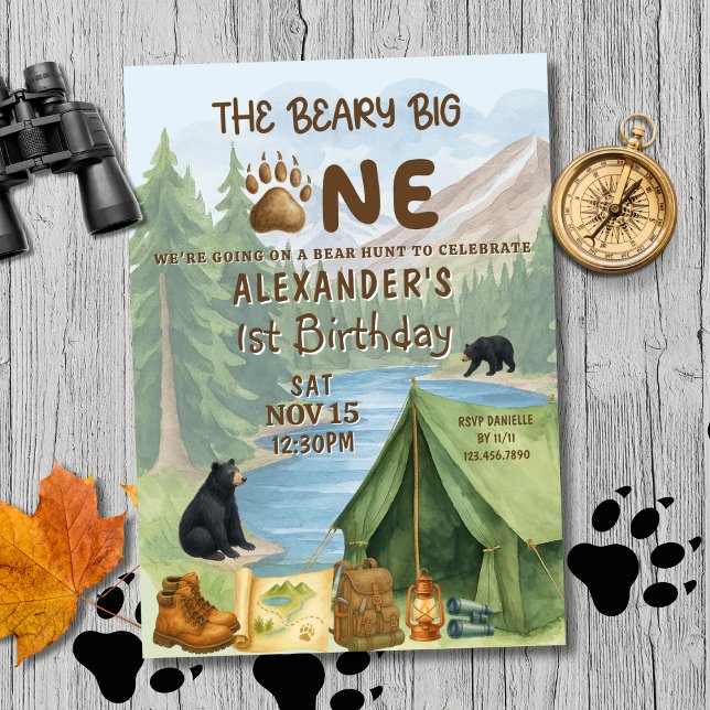 Hunting Camping Beary First Boy 1st Birthday Invitation (Creator Uploaded)