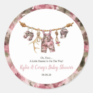 Hunting Clothesline Pink Camo Girl Baby Shower Classic Round Sticker