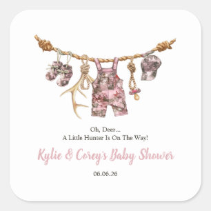 Hunting Clothesline Pink Camo Girl Baby Shower Square Sticker