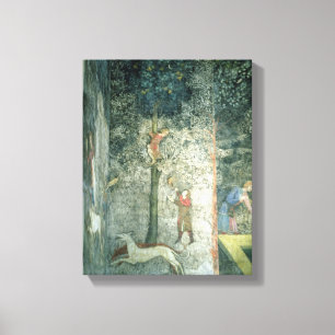 Hunting dogs and men climbing a tree canvas print