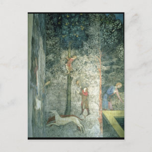 Hunting dogs and men climbing a tree postcard