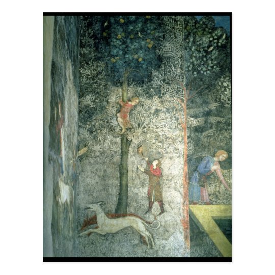 Hunting dogs and men climbing a tree postcard