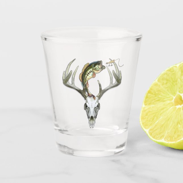 Hunting Fishing Bass Deer Skull Shot Glass (Front)