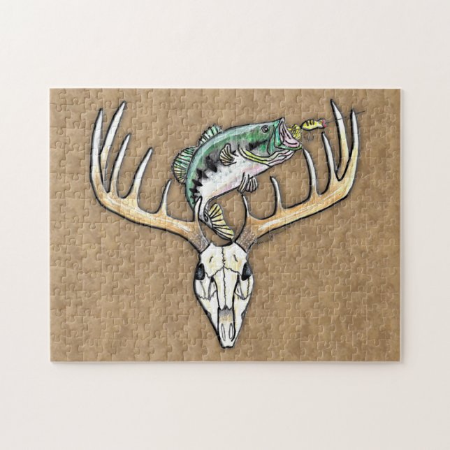 Hunting Fishing Bass jump over Deer Skull Antlers Jigsaw Puzzle (Horizontal)