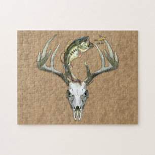 Hunting Fishing Bass jump over Deer Skull Antlers Jigsaw Puzzle