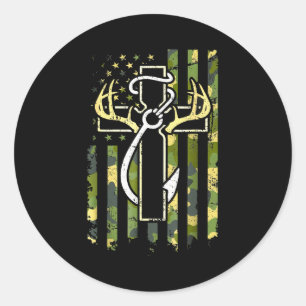Hunting Fishing Faith Cross Deer Antlers American  Classic Round Sticker