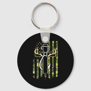 Hunting Fishing Faith Cross Deer Antlers American Keychain